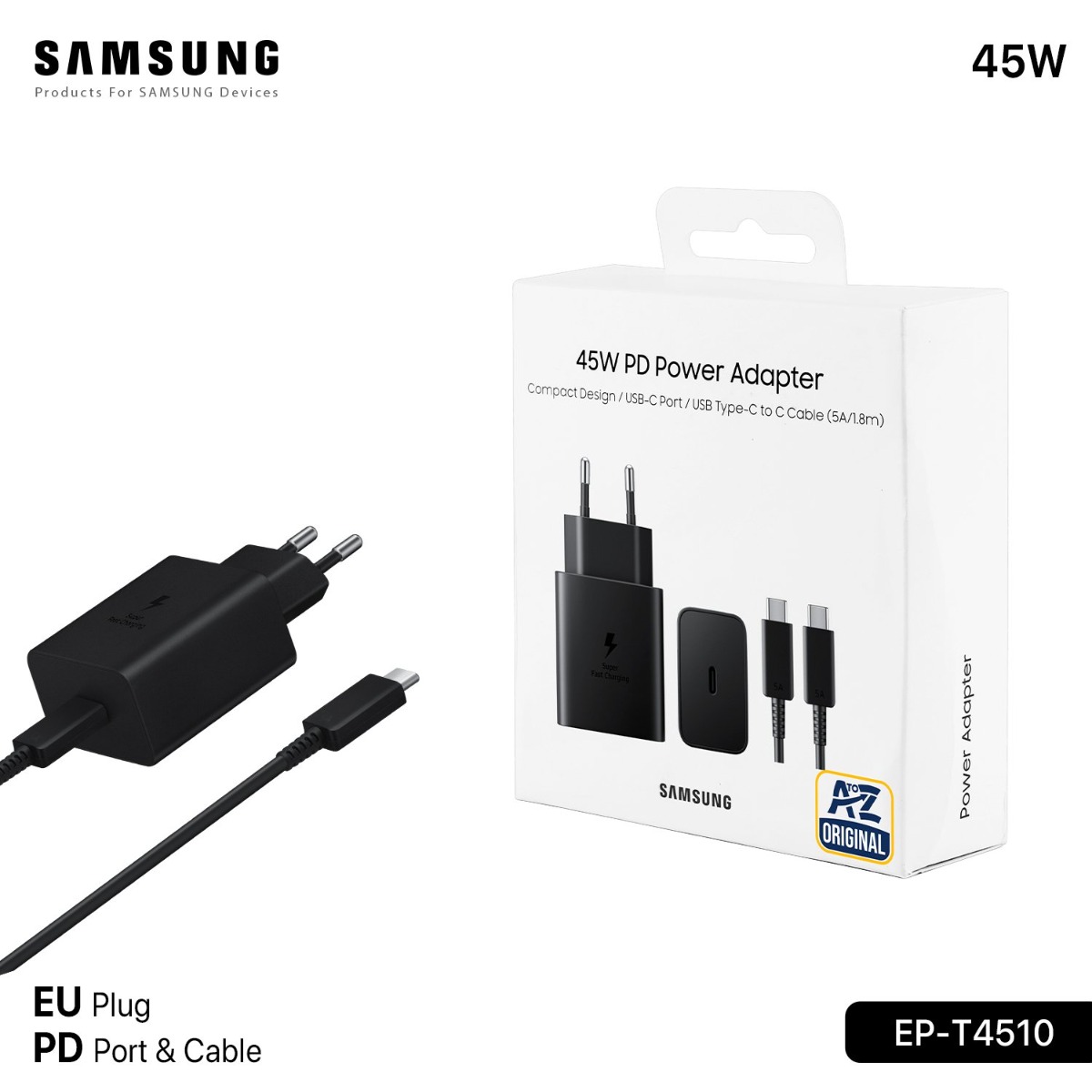 شاحن سامسونج أصلي EP-T4510 EU 45W PD مع كيبل