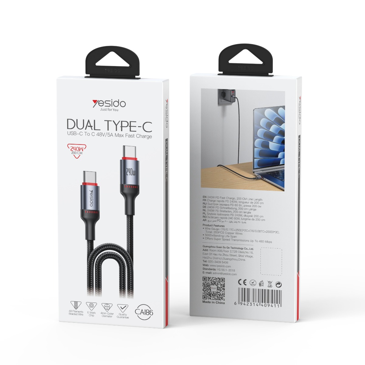 YESIDO CA186 2M 240W PD Cable
