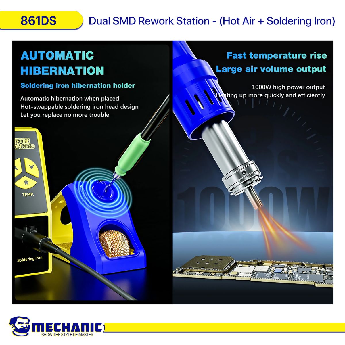 محطة إعادة لحام MECHANIC 861DS SMD مزدوجة - (هواء ساخن + كاوية لحام)