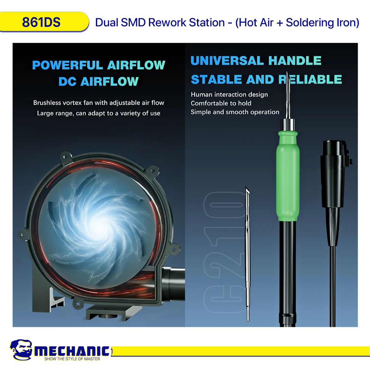 محطة إعادة لحام MECHANIC 861DS SMD مزدوجة - (هواء ساخن + كاوية لحام)