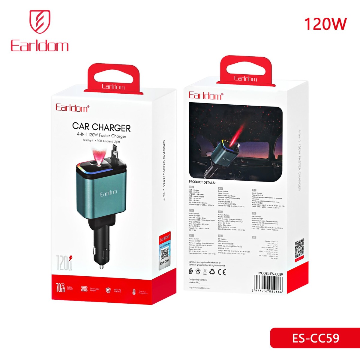 Earldom ES-CC59 4in1 120W PD Car Charger with Cable