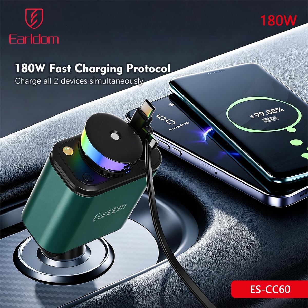 Earldom ES-CC60 5in1 180W PD Car Charger with Cable