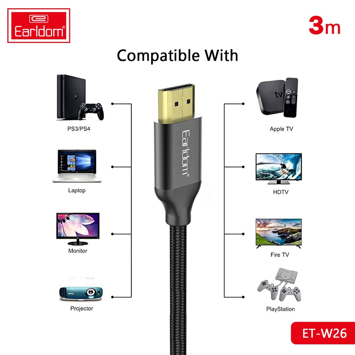 كيبل Earldom ET-W26 4K 3m HDMI
