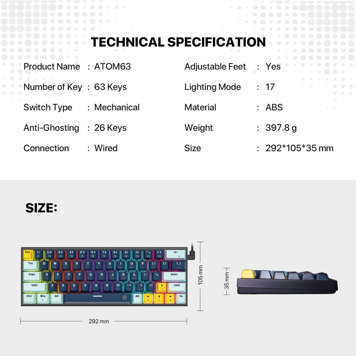 FANTECH ATOM63 MK874V2 Mechanical Wired Gaming Keyboard - (63 Key)
