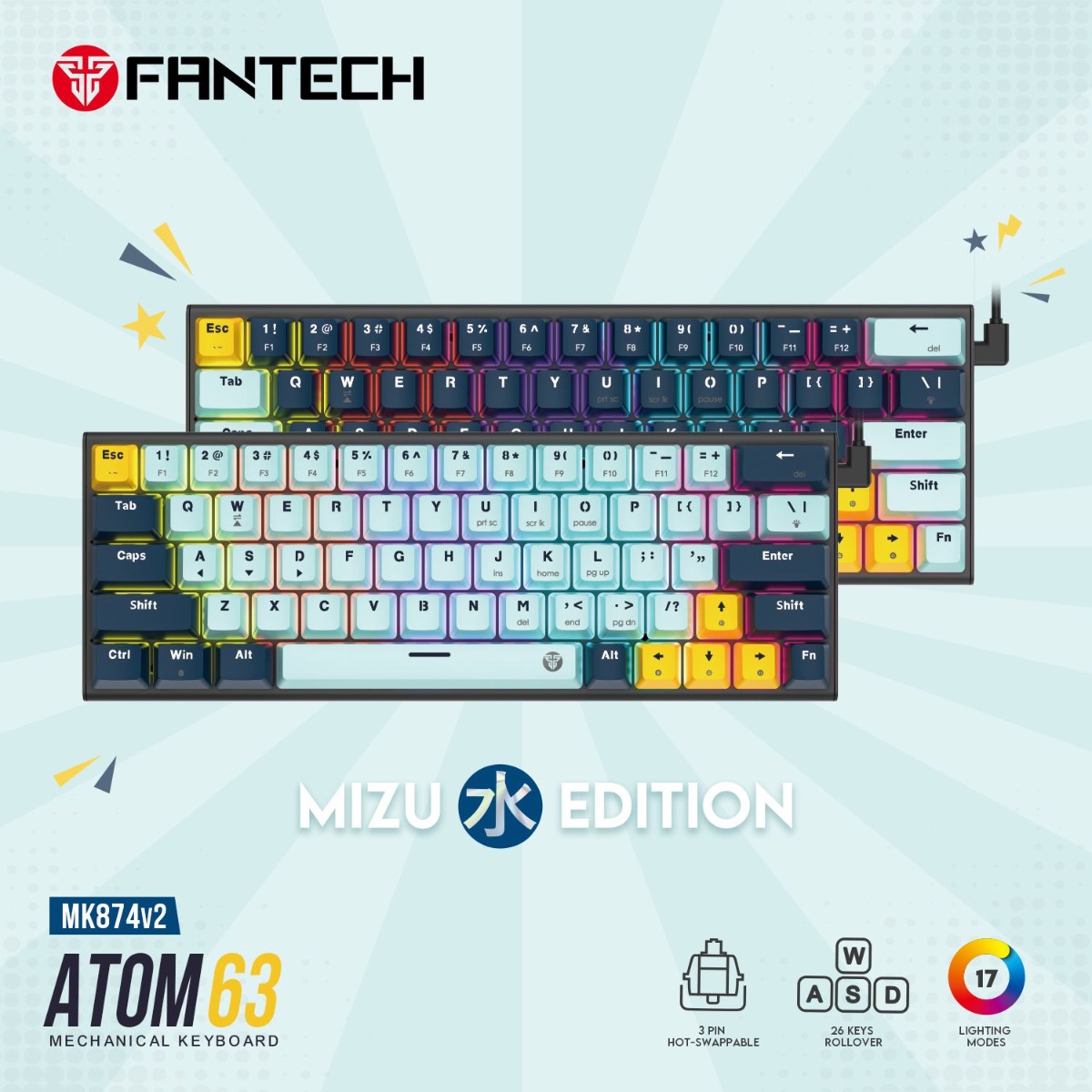 كيبورد FANTECH ATOM63 MK874V2 Mechanical سلكي للألعاب - (63 كبسة)
