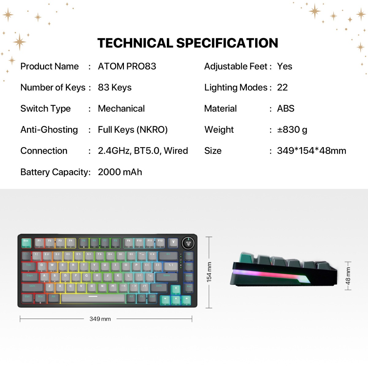 كيبورد FANTECH ATOM PRO83 MK913 3in1 Mechanical للألعاب - (83 كبسة)