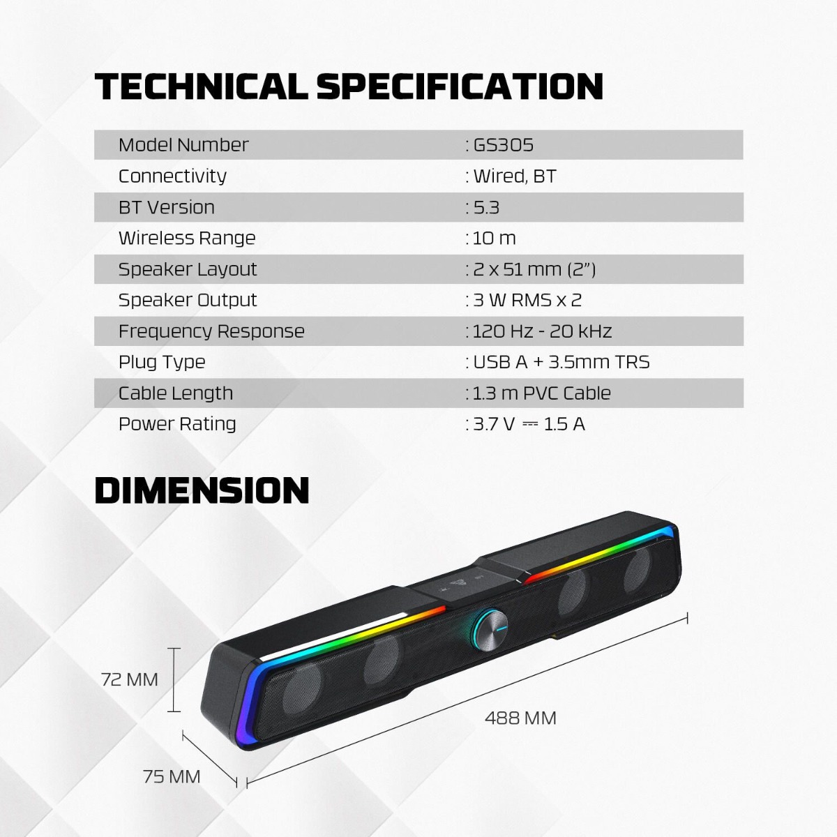 سبيكر ملتيميديا FANTECH BEAT BAR GS305 2in1 للألعاب