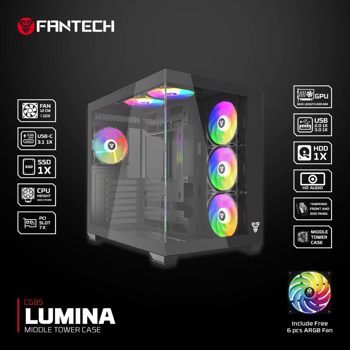 FANTECH LUMINA CG85 Middle Tower Gaming Computer Case