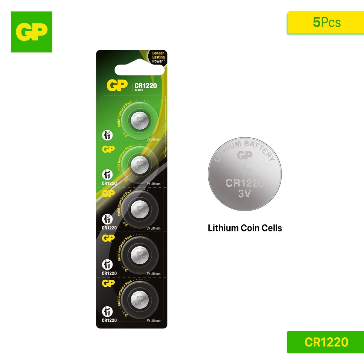 GP CR1220 Lithium Coin Cells Battery 5 Pcs