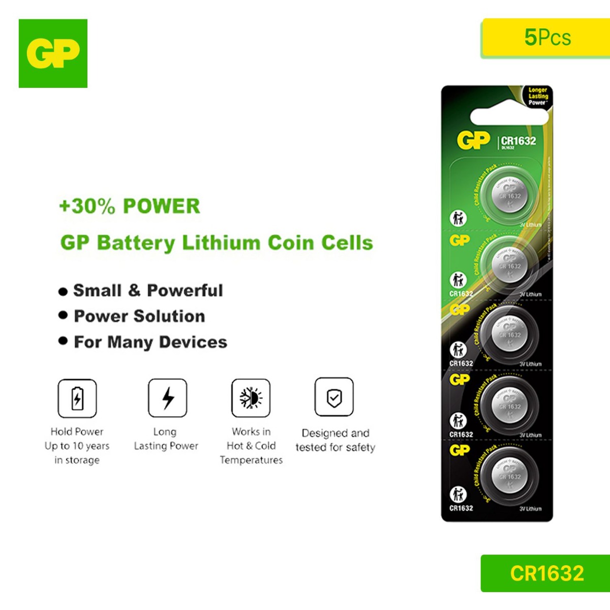بطارية GP CR1632 Lithium Coin Cells (5 قطع)