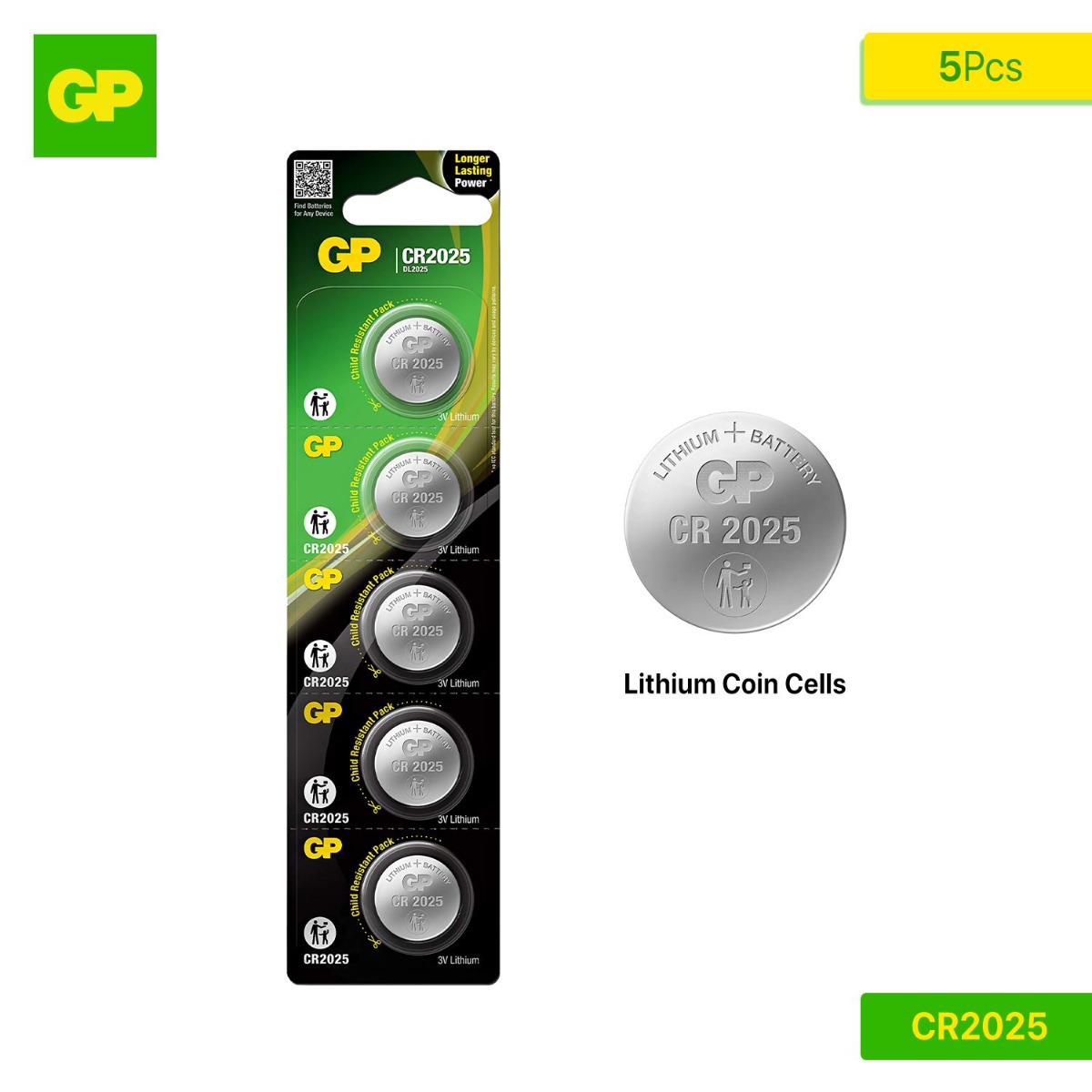 بطارية GP CR2025 Lithium Coin Cells (5 قطع)