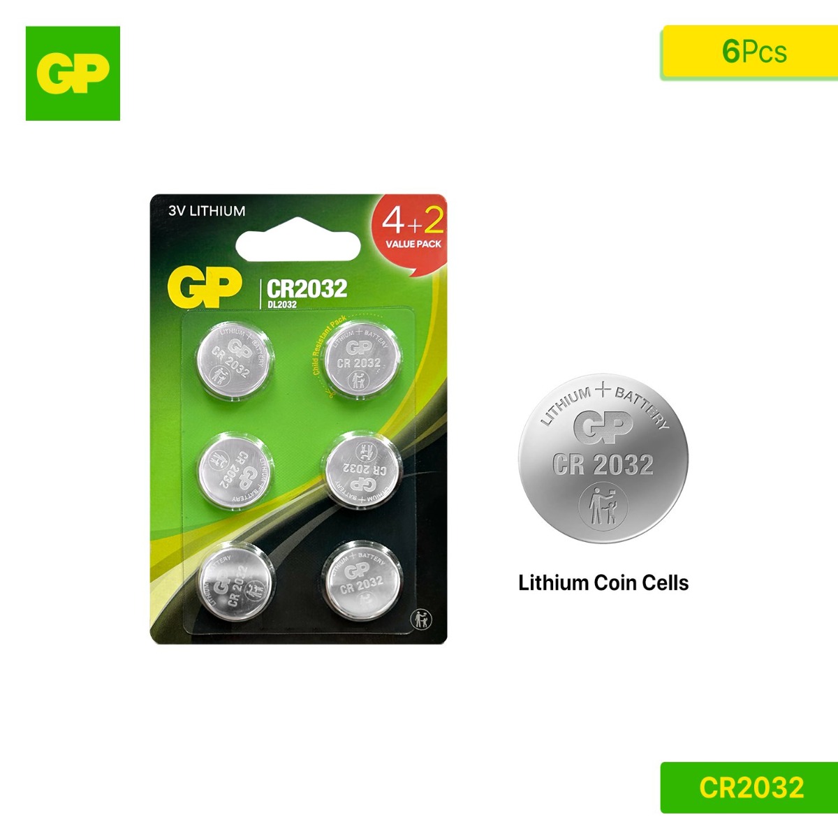 GP CR2032 Lithium Coin Cells Battery (6 Pcs)
