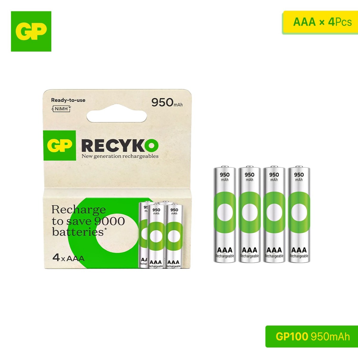 GP ReCyko GP100 AAA 950mAh Rechargeable Battery (4 Pcs)