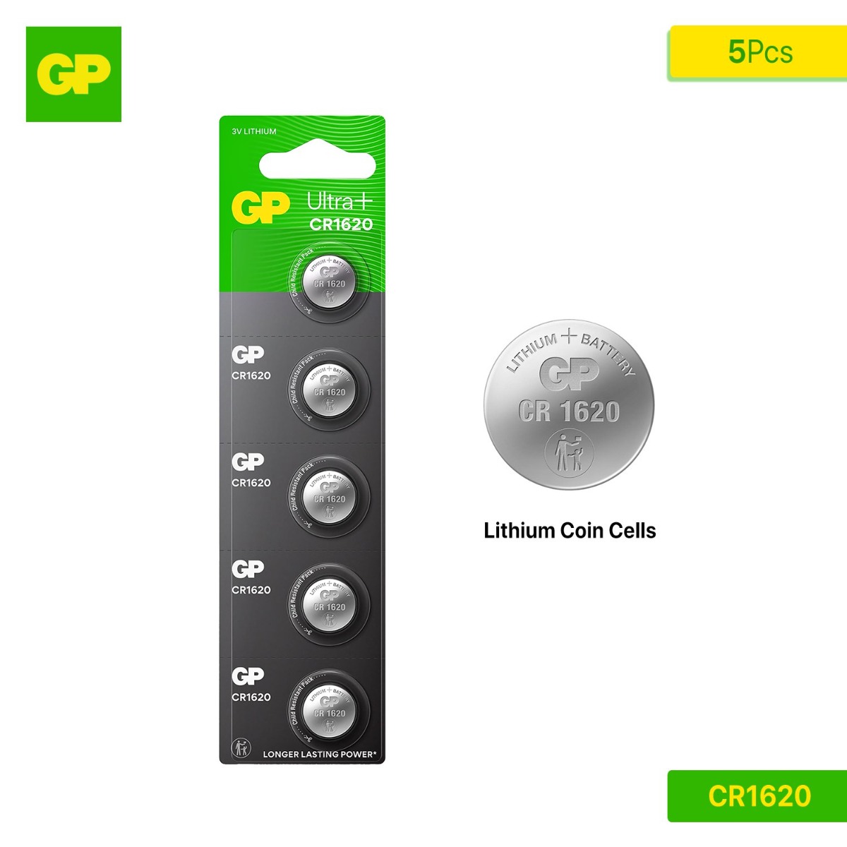 GP Ultra+ CR1620 Lithium Coin Cells Battery (5 Pcs)