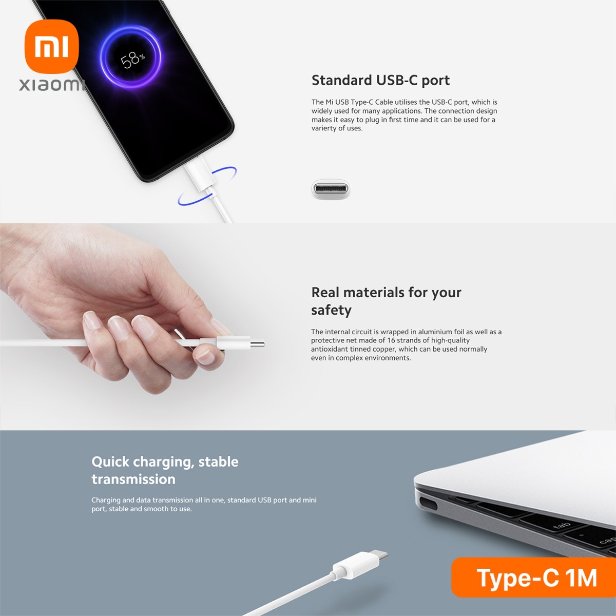 كيبل Mi 33W USB Type-C 1m