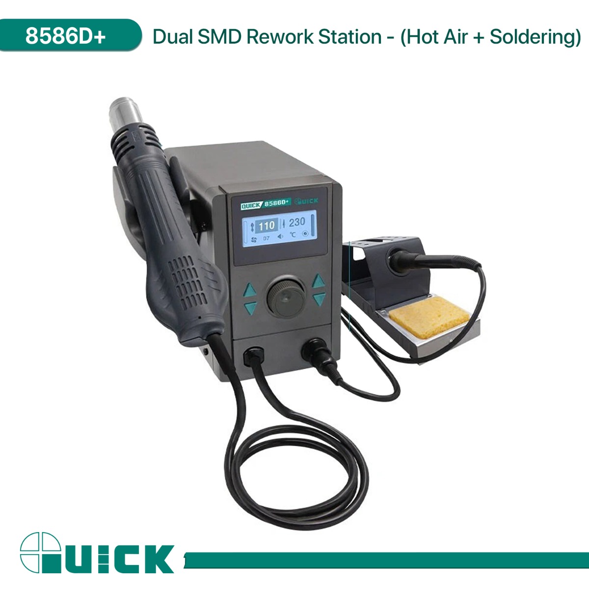 محطة إعادة لحام QUICK 8586D+ SMD مزدوجة - (هواء ساخن + كاوية لحام)