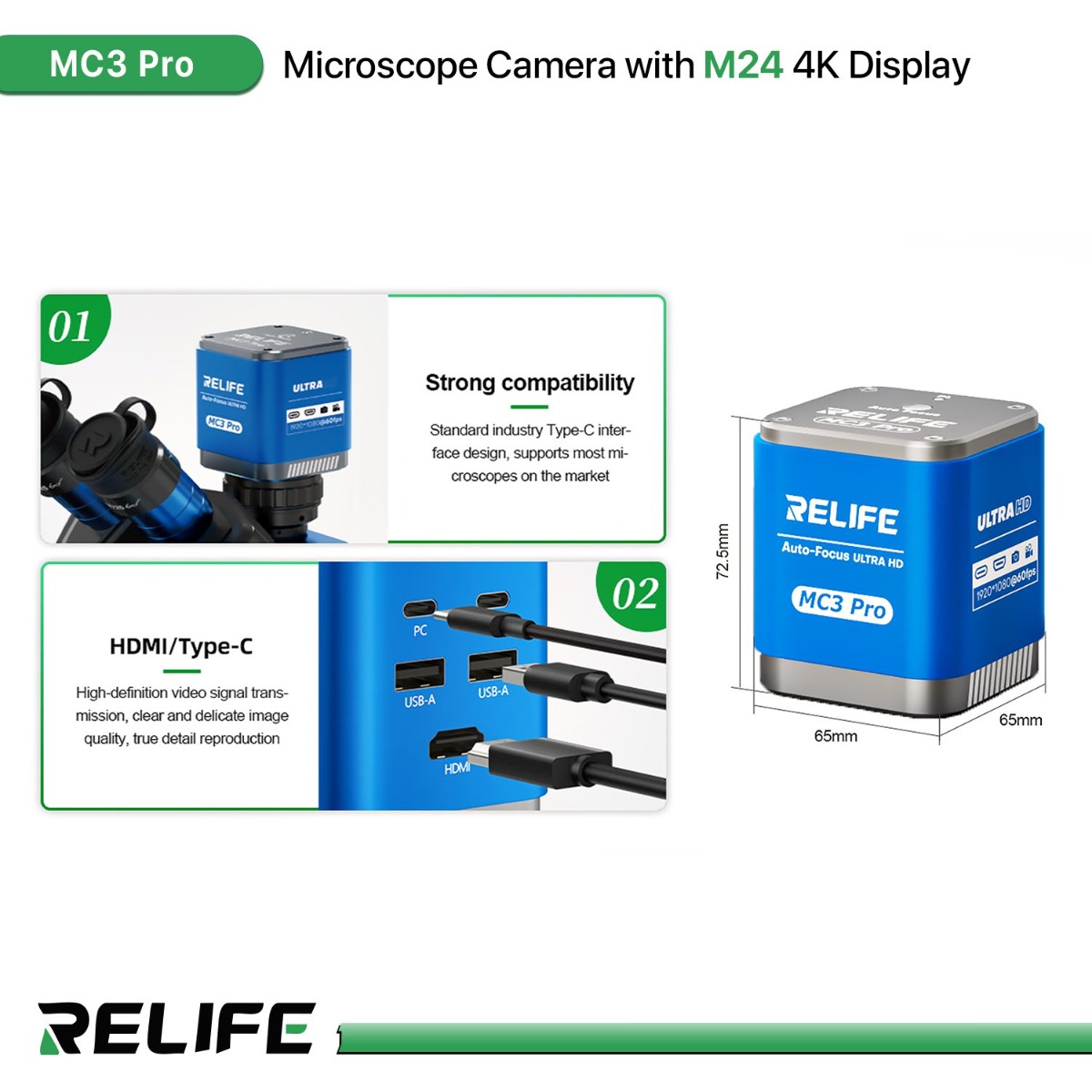 RELIFE MC3 Pro Microscope Camera with M24 4K Display