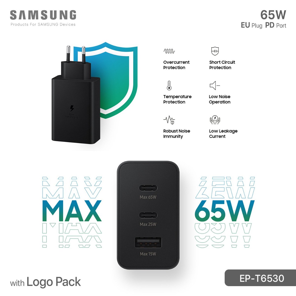 شاحن سامسونج T6530 65W PD مبكت مع لوجو
