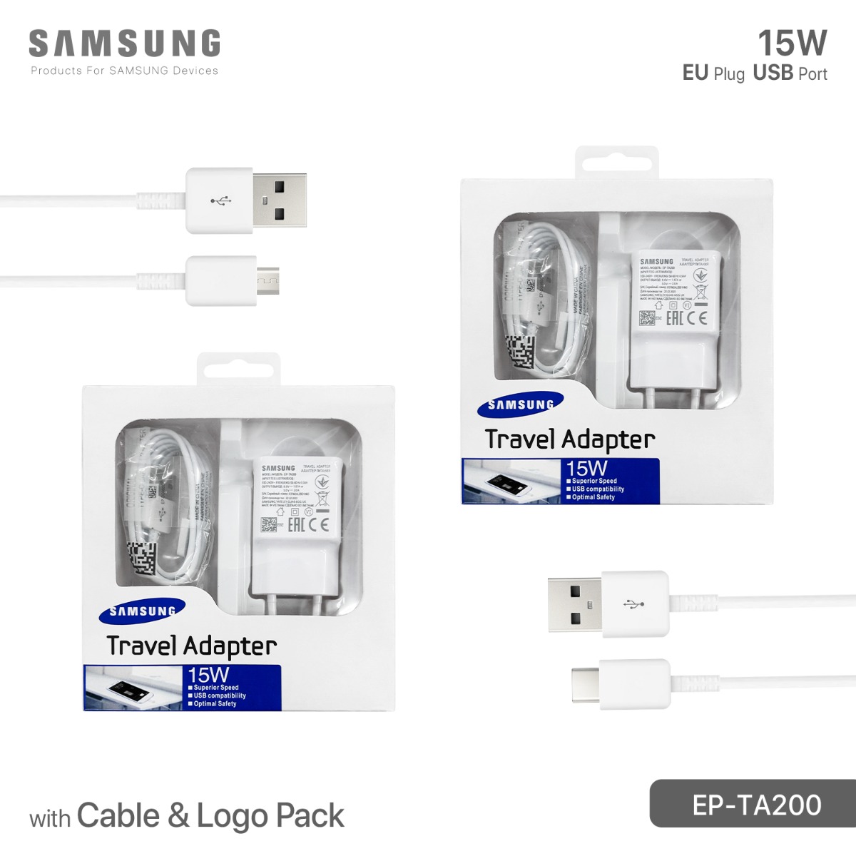 Samsung TA200 15W Fast Charger with Cable & Logo Pack