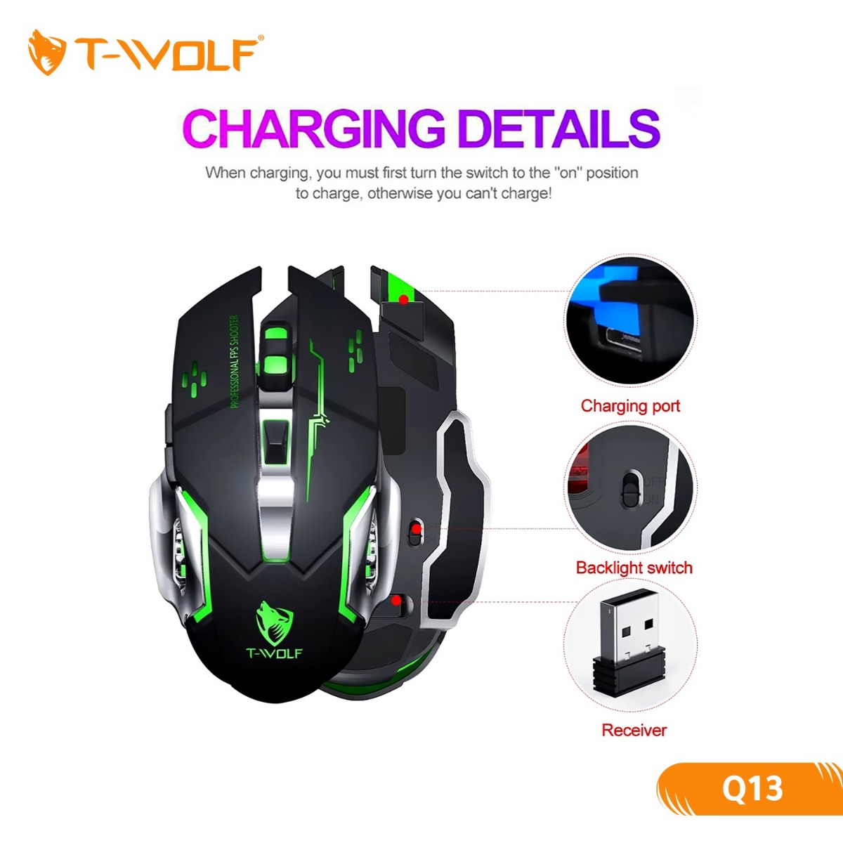 ماوس T-WOLF Q13 لاسلكي للألعاب قابل للشحن