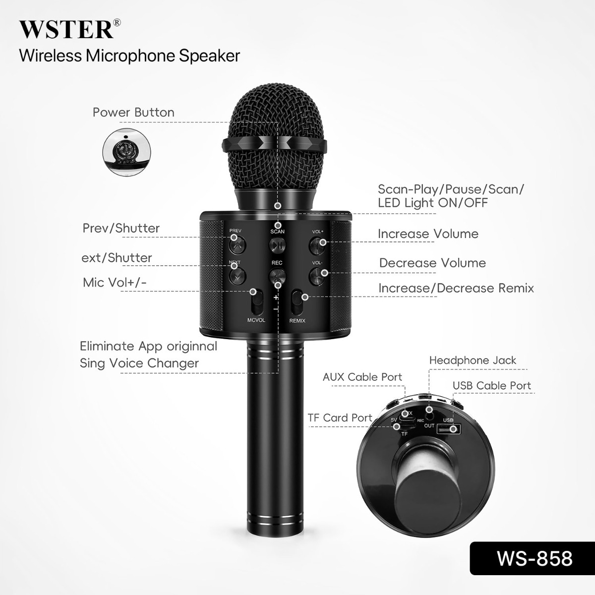 ميكروفون وسبيكر WSTER WS-858 2in1 لاسلكي بلوتوث