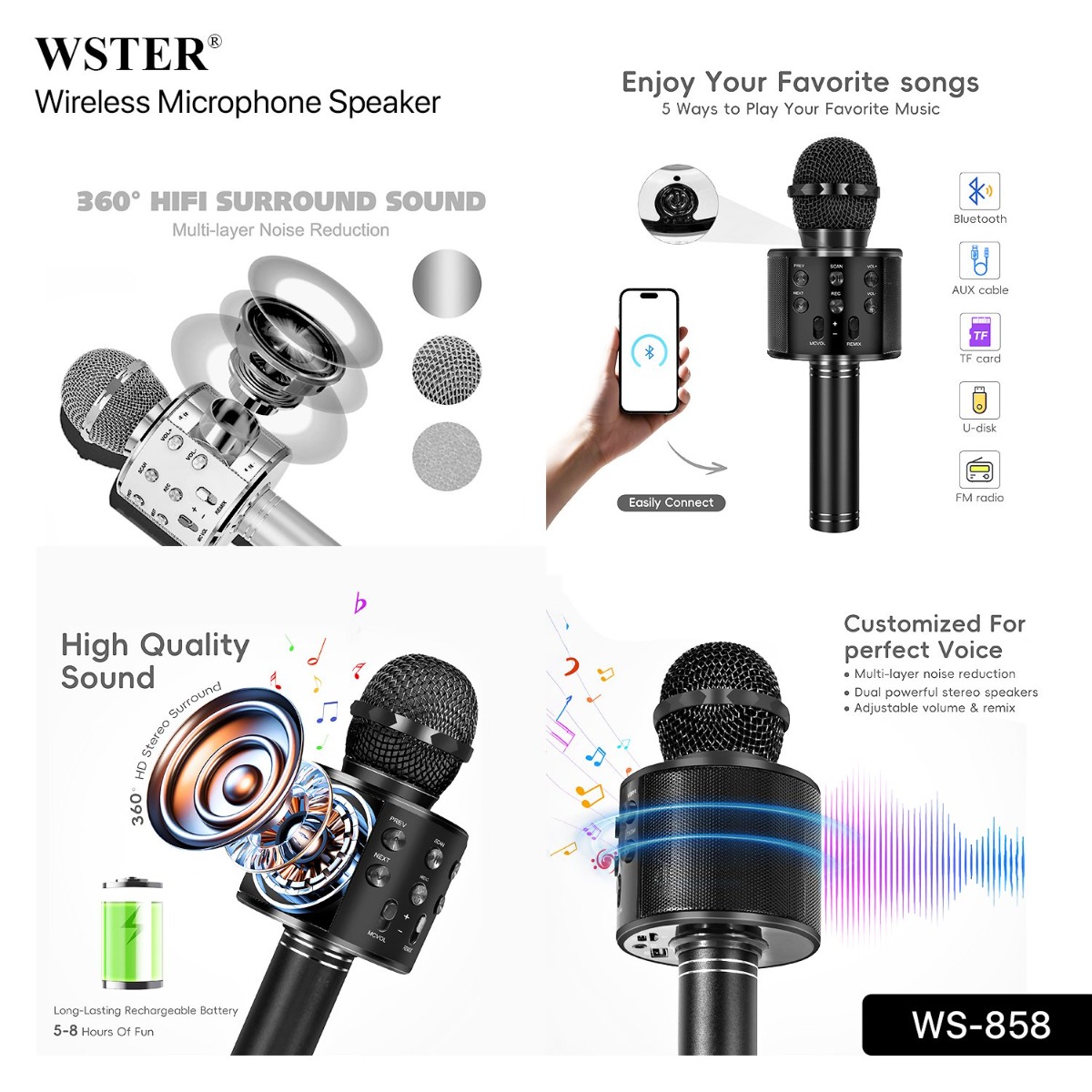 ميكروفون وسبيكر WSTER WS-858 2in1 لاسلكي بلوتوث