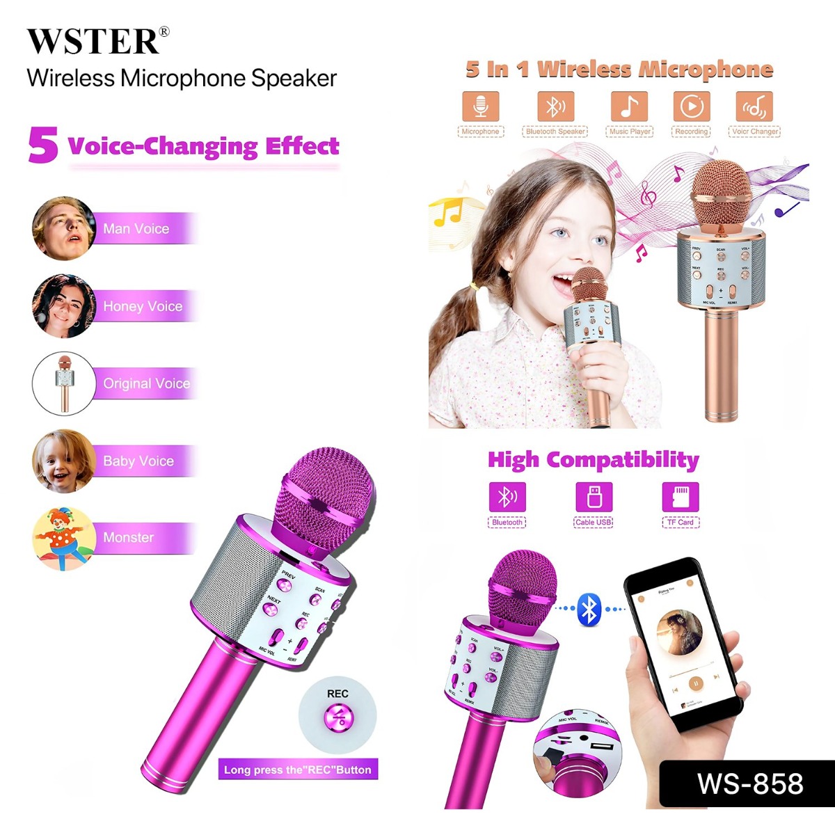 WSTER WS-858 2in1 Wireless Bluetooth Microphone Speaker