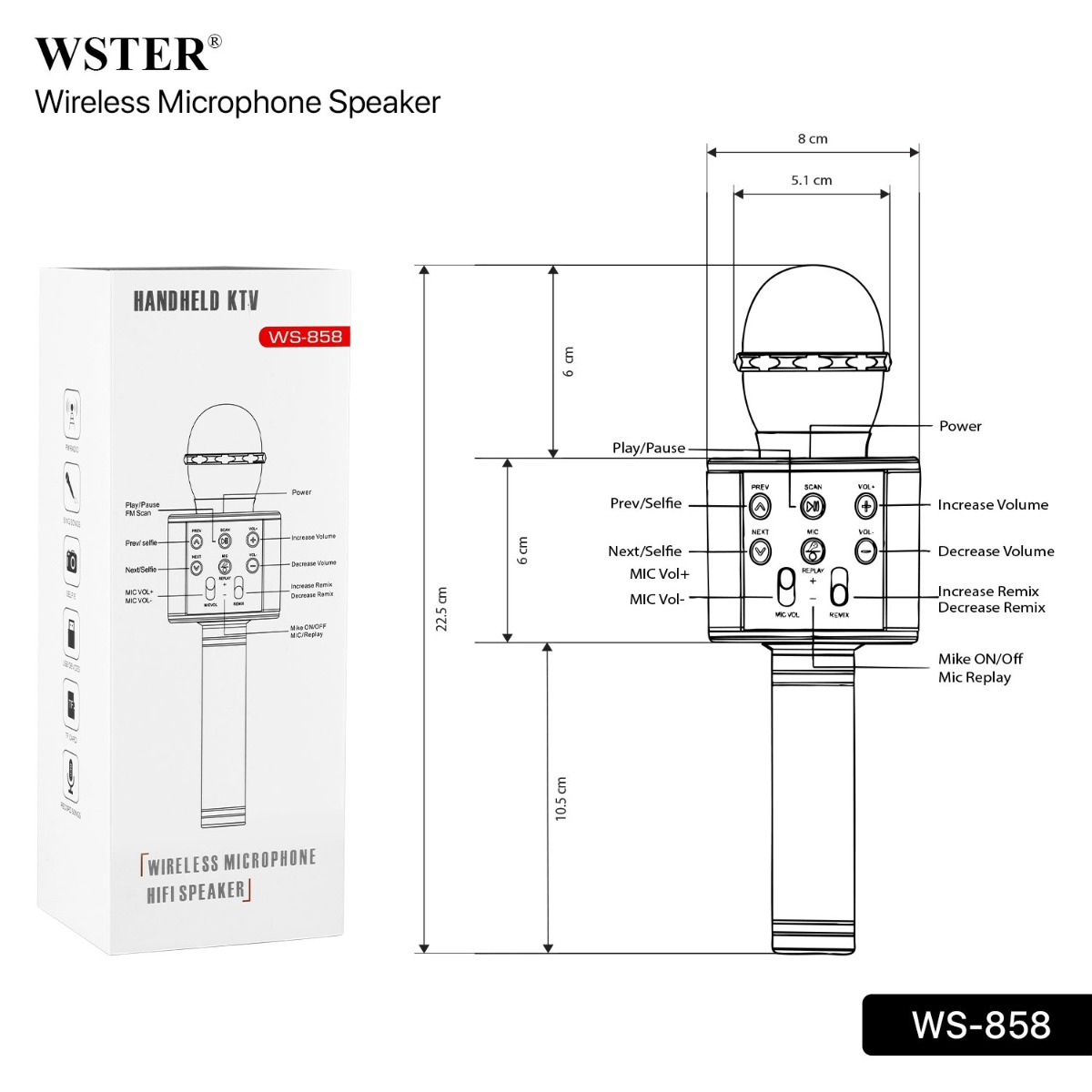 ميكروفون وسبيكر WSTER WS-858 2in1 لاسلكي بلوتوث