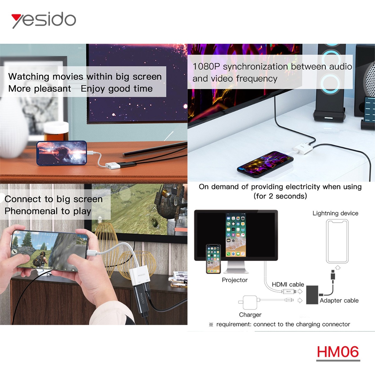 كيبل تحويلة فيديو YESIDO HM06 2in1 HDMI