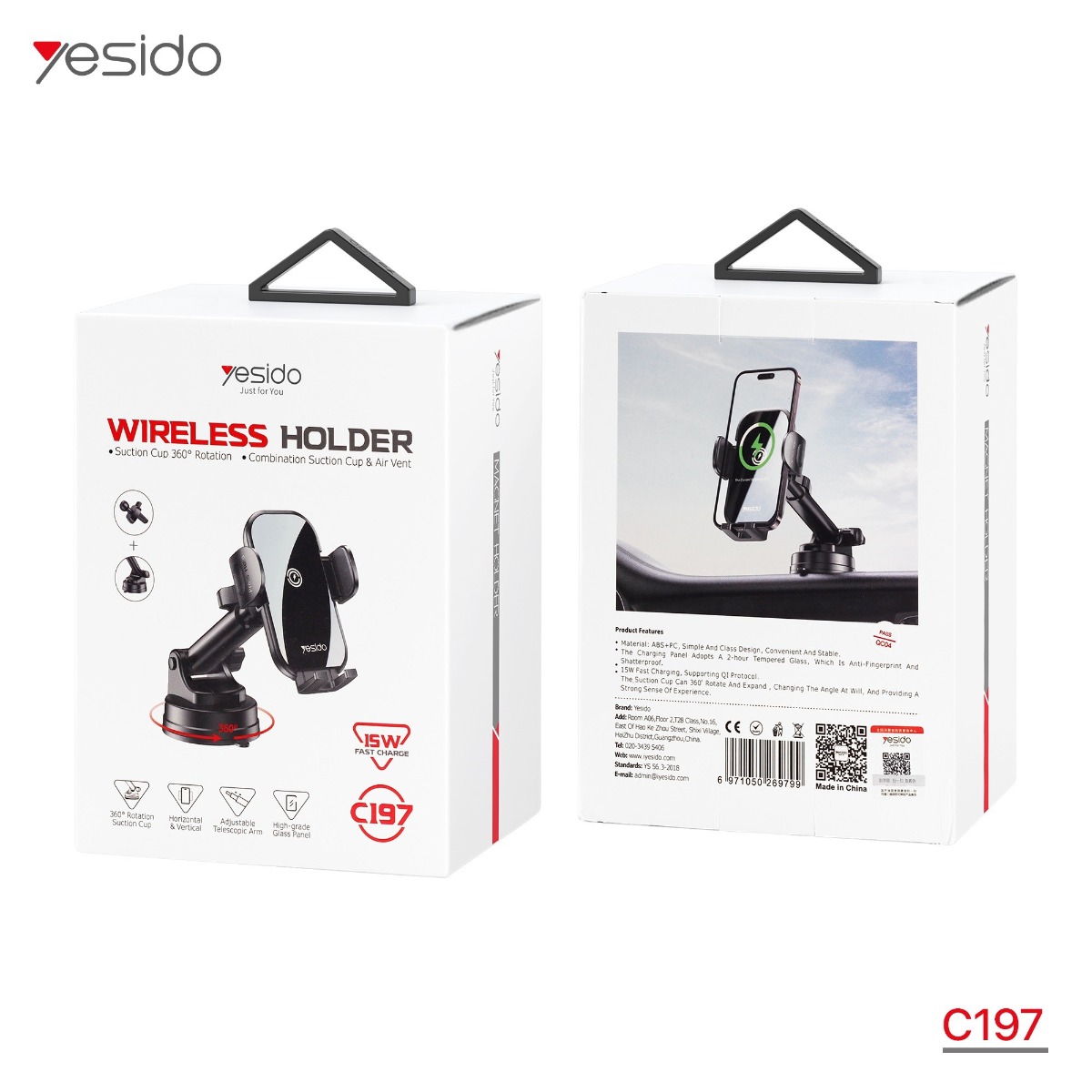 YESIDO C197 Long Arm One-Touch Button Holder & Wireless Charger