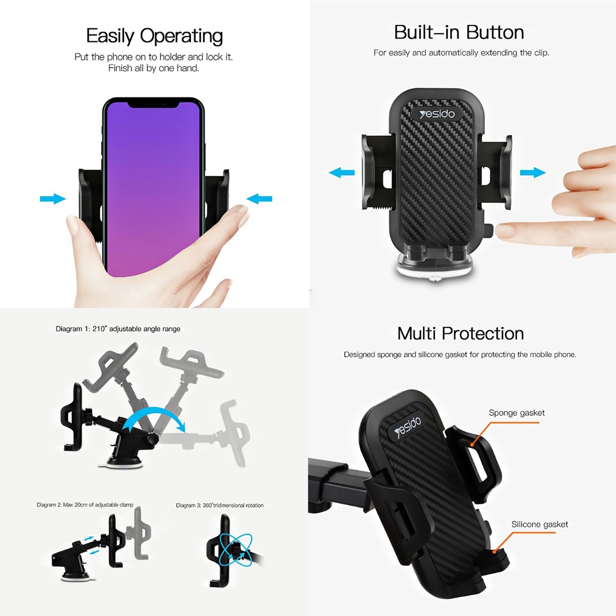 YESIDO C23 Long Arm One-Touch Button Mobile Phone Holder