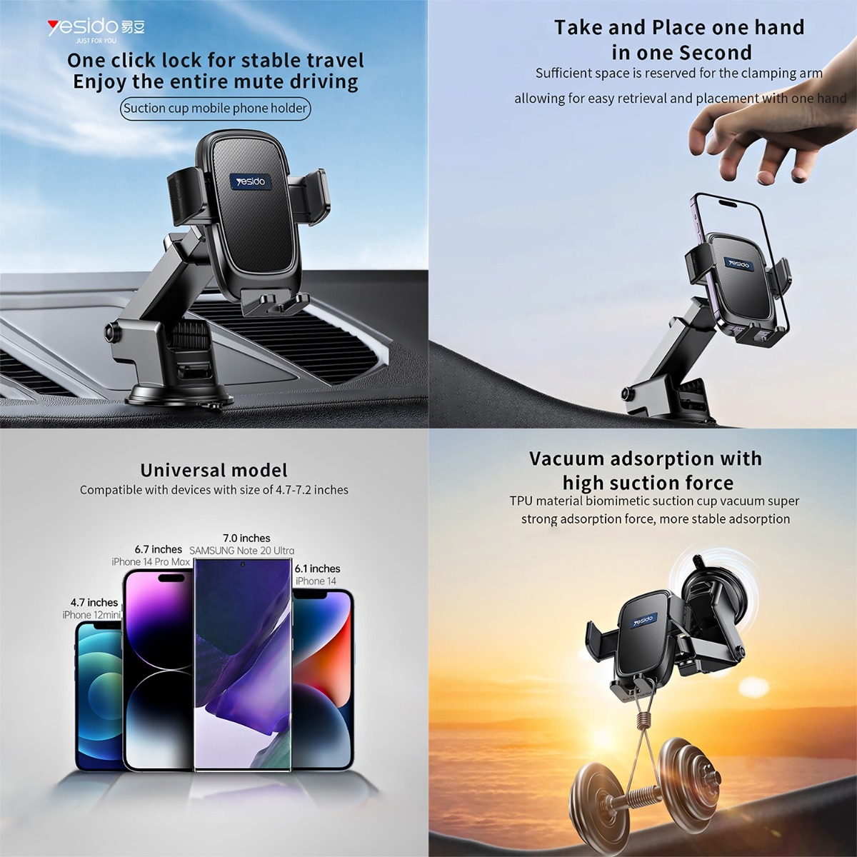 YESIDO C262 Long Arm One-Touch Button Mobile Phone Holder