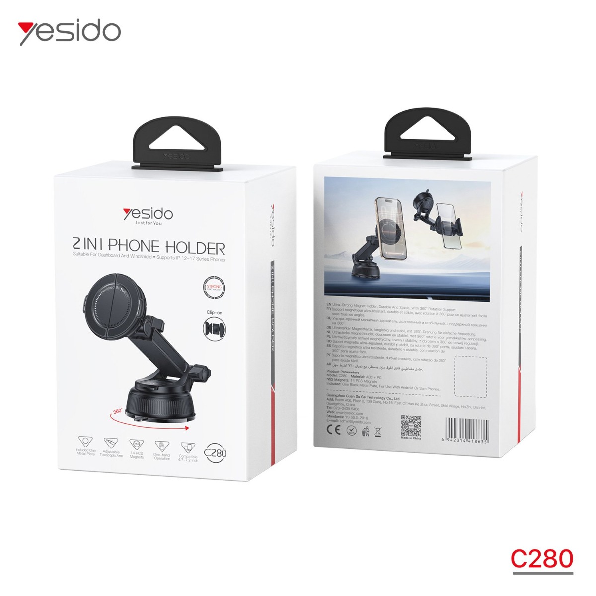 حمالة الهاتف YESIDO C280 2in1 مغناطيس وكبسة بذراع طويل