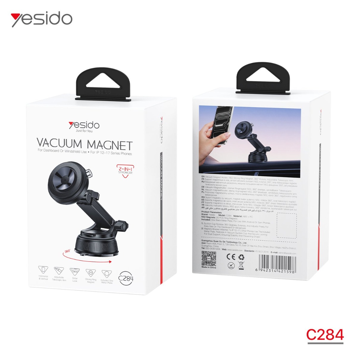 حمالة الهاتف YESIDO C284 2in1 المغناطيسية مع قاعدة شفط بذراع طويل