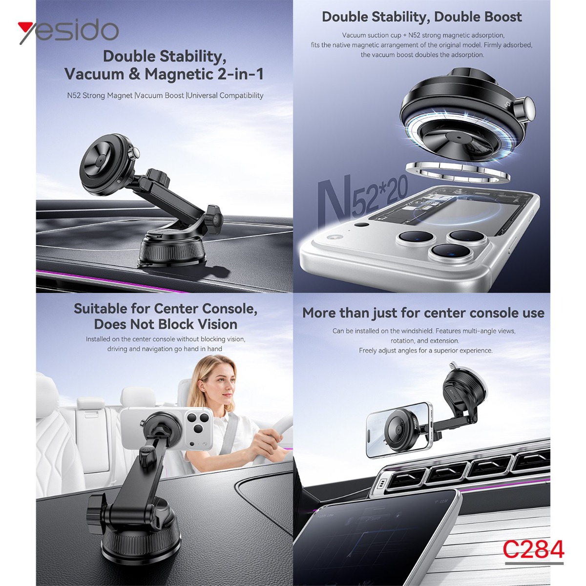 YESIDO C284 2in1 Magnetic with Vacuum Suction Long Arm Mobile Phone Holder