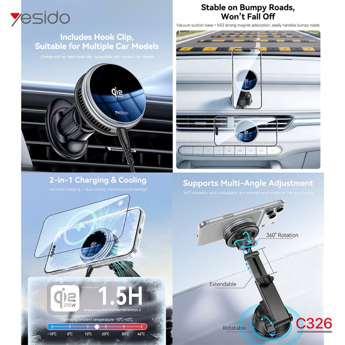 حمالة الهاتف YESIDO C326 المغناطيسية مع شاحن MagSafe