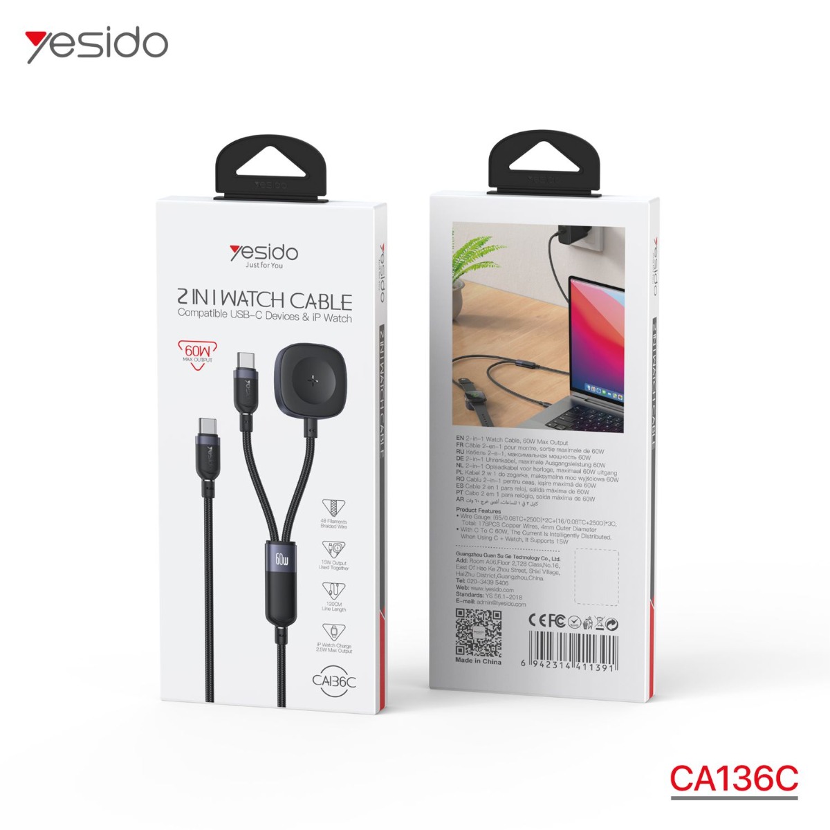 YESIDO CA136C 60W PD 2in1 Cable For Apple Watch & Type-C Devices