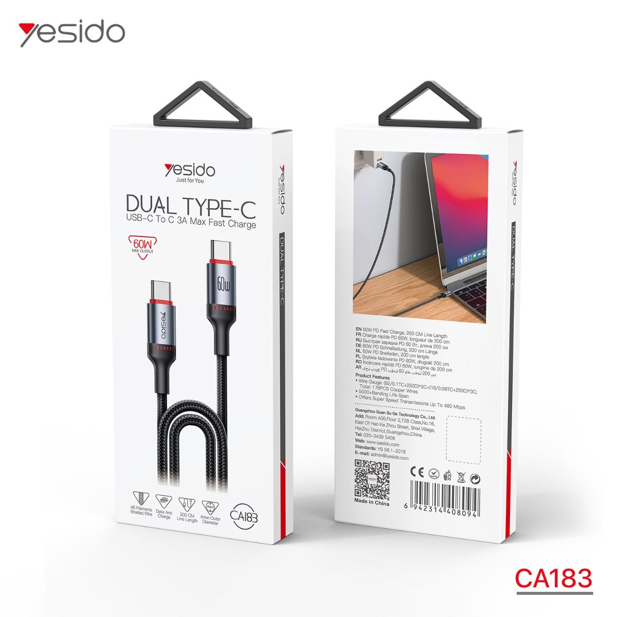 كيبل YESIDO CA183 2M 60W PD