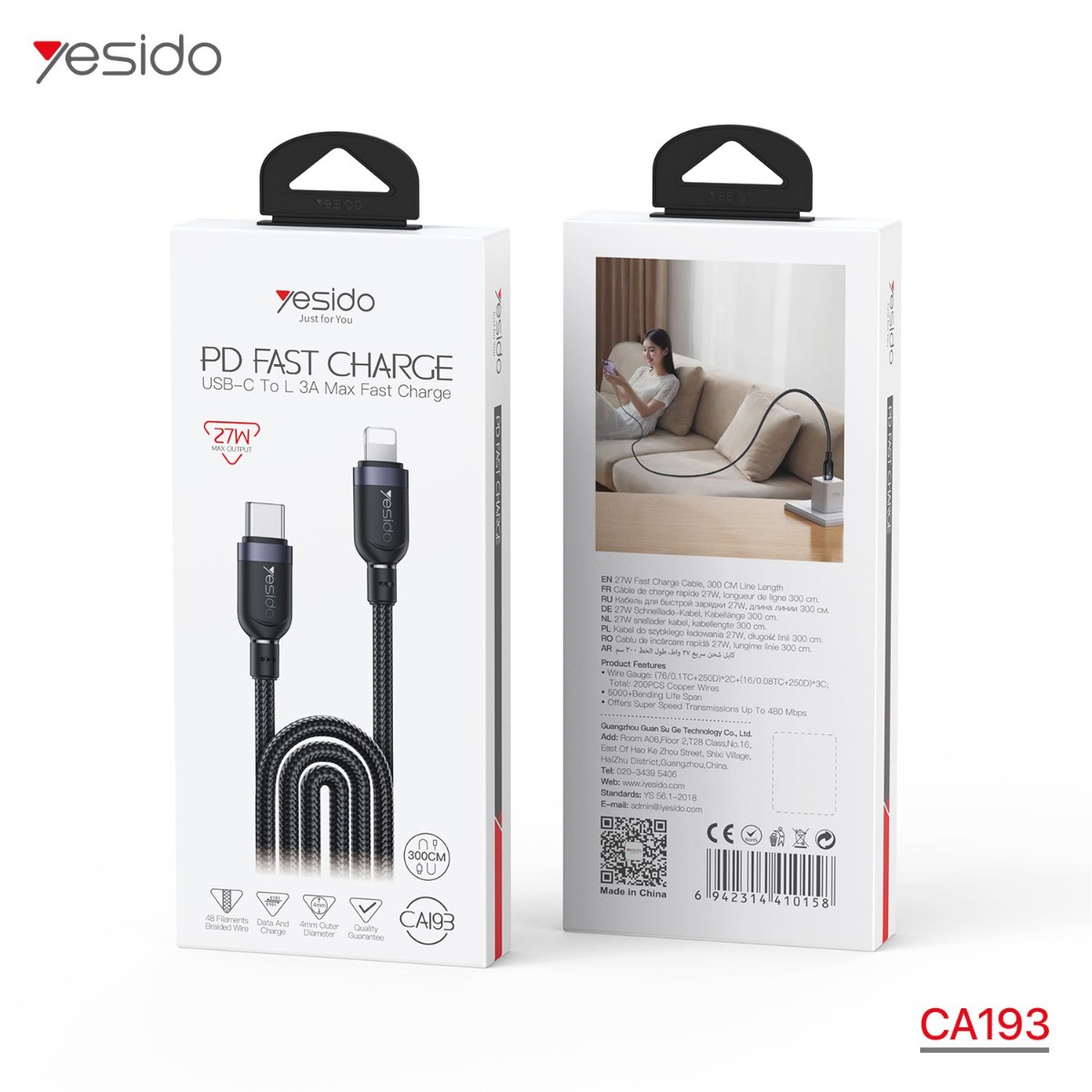 YESIDO CA193 3M 27W PD Cable
