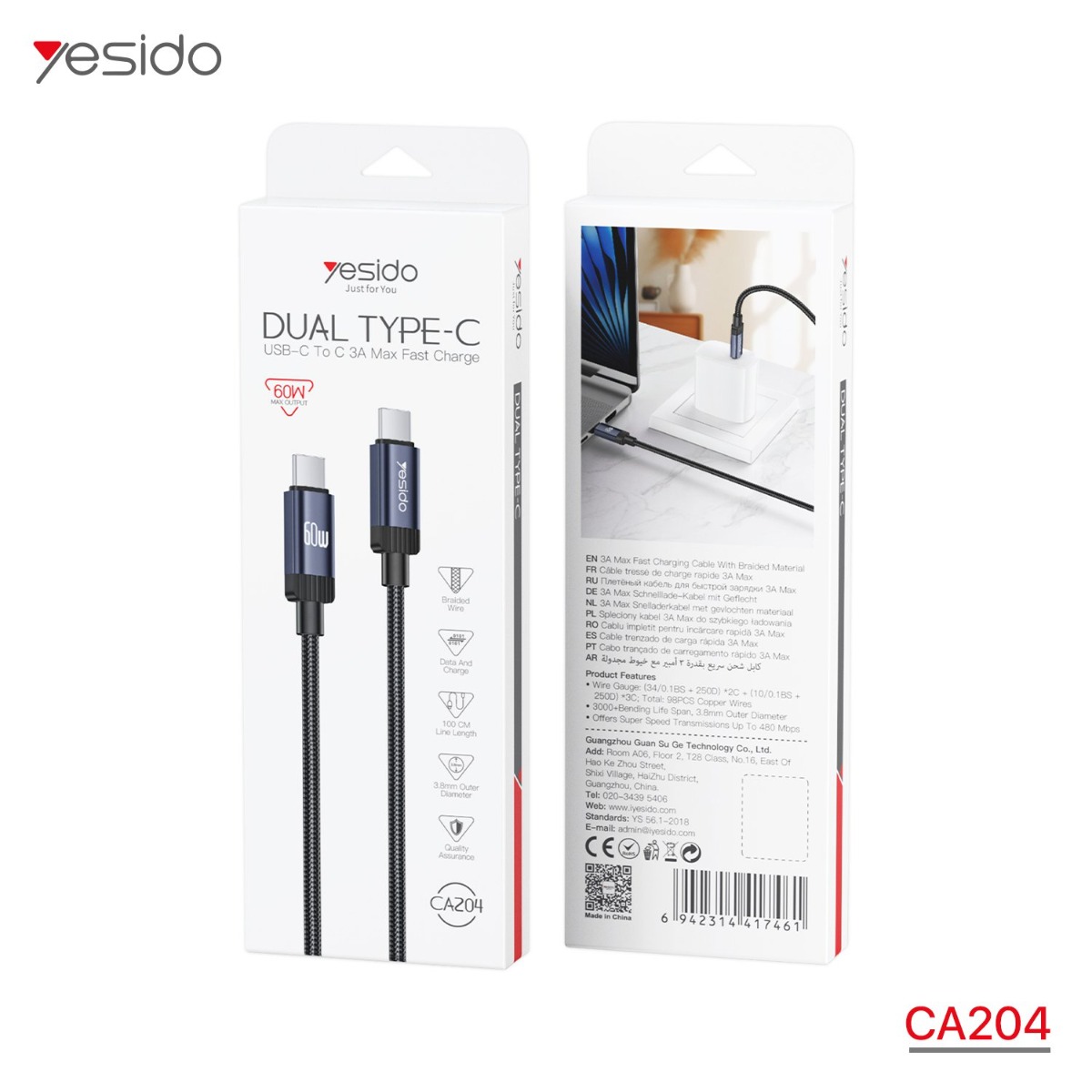 YESIDO CA204 60W Type-C PD Cable