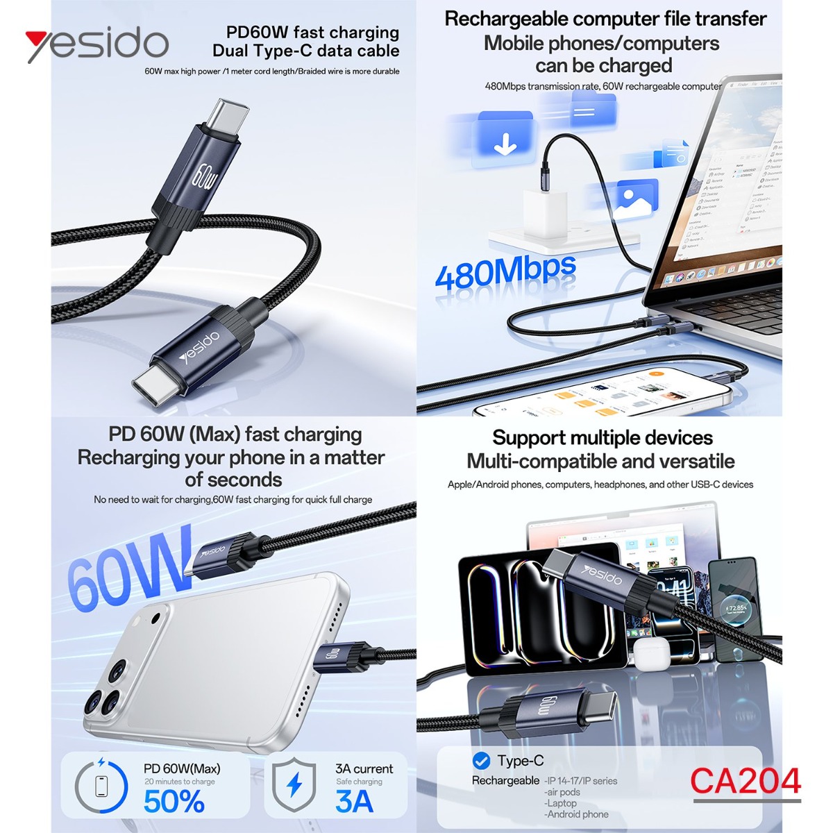 كيبل YESIDO CA204 60W Type-C PD