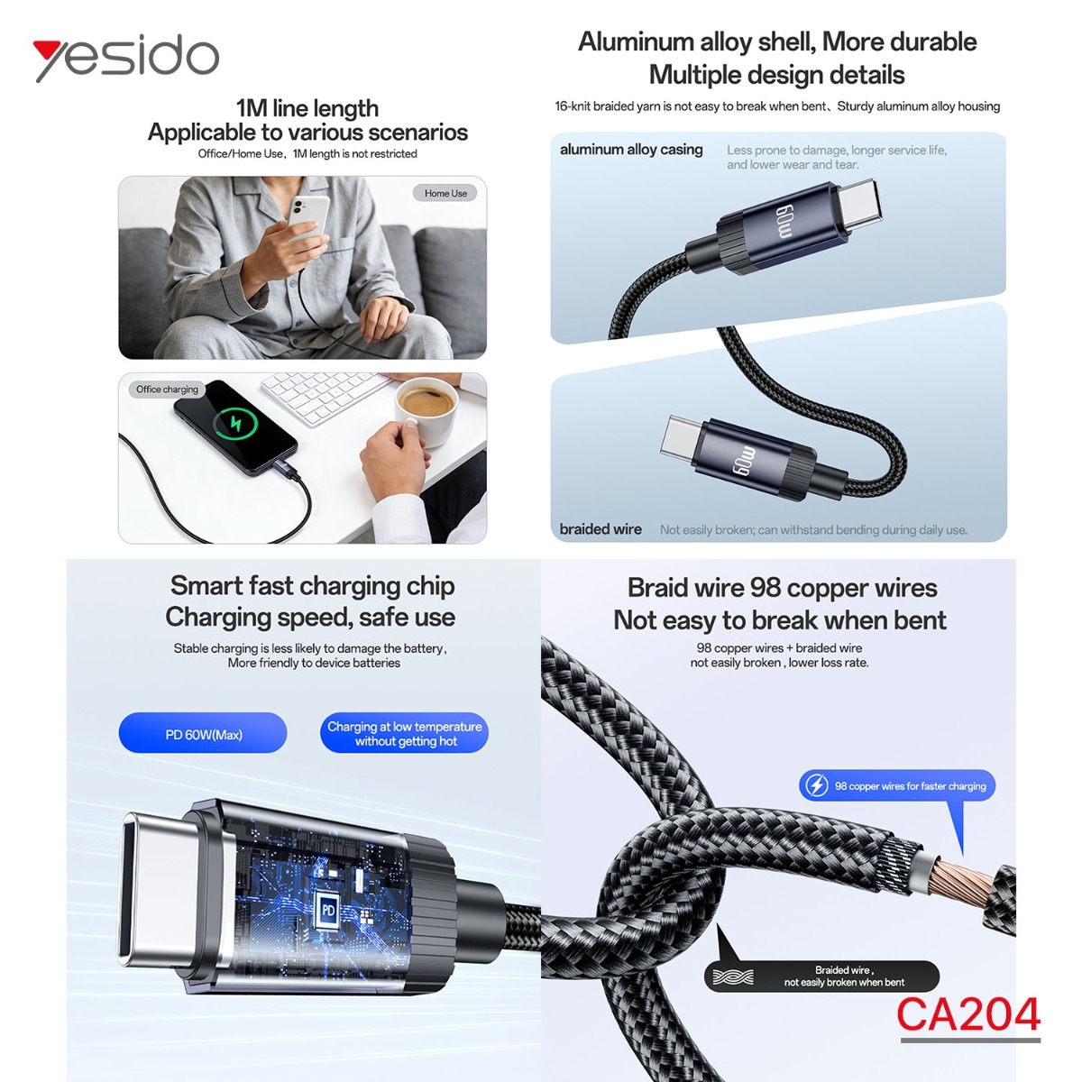 كيبل YESIDO CA204 60W Type-C PD