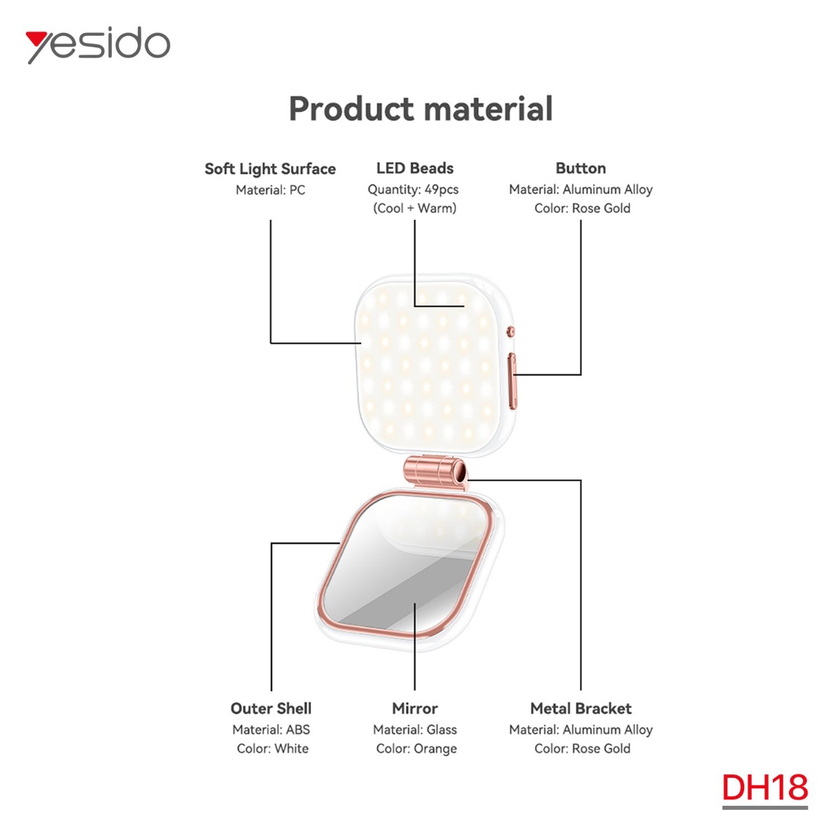 مصباح وستاند مكتب YESIDO DH18 4in1 LED مغناطيسي مع مرآة