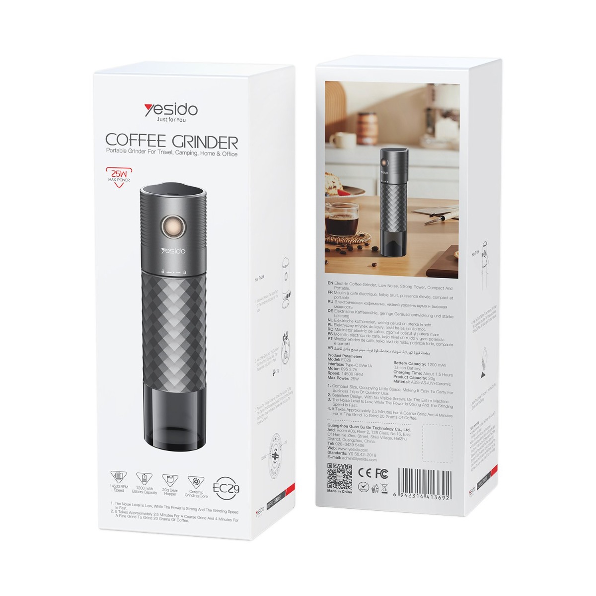 YESIDO EC29 Electric Portable Cordless Coffee Grinder