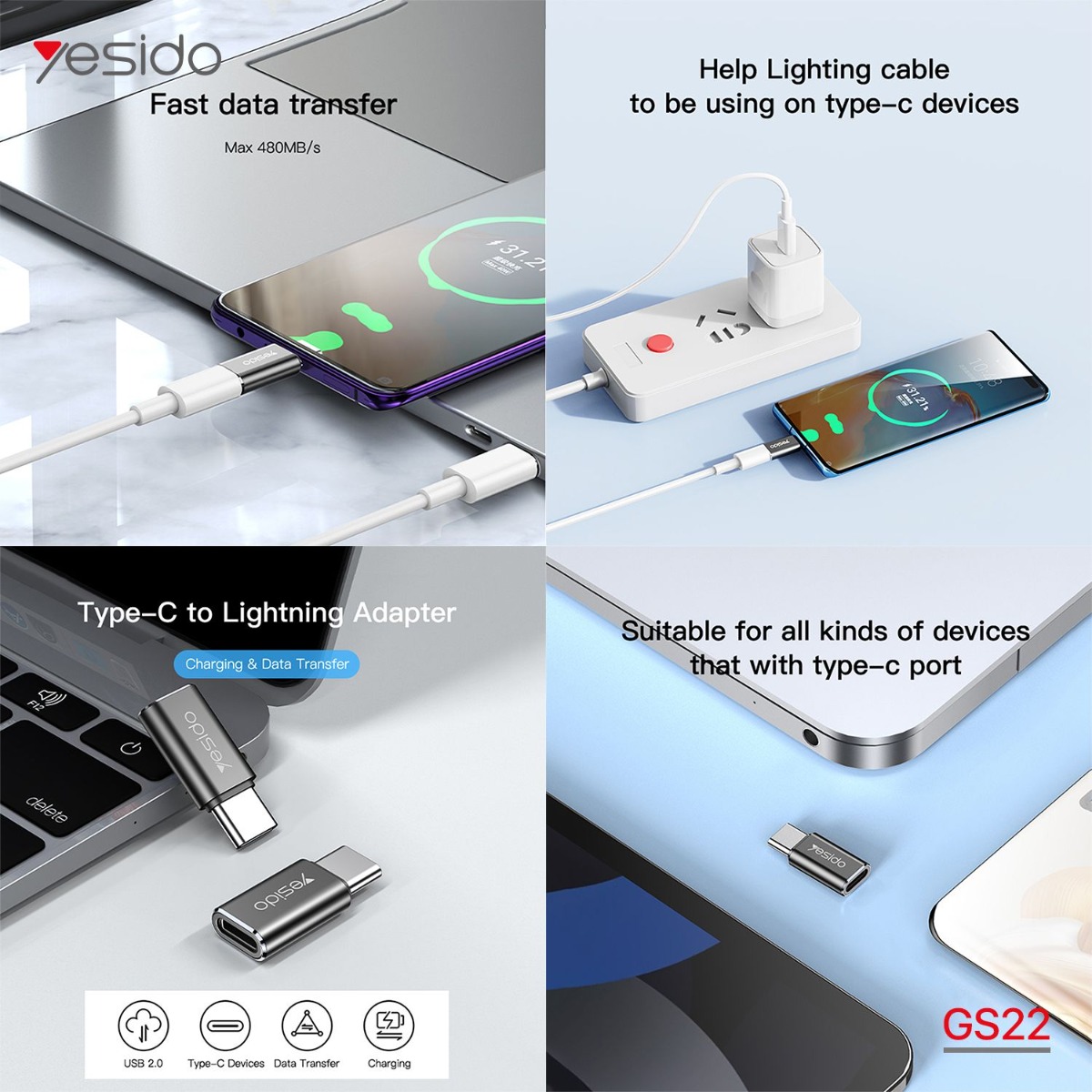 تحويلة شحن YESIDO GS22 Lightning to Type-C