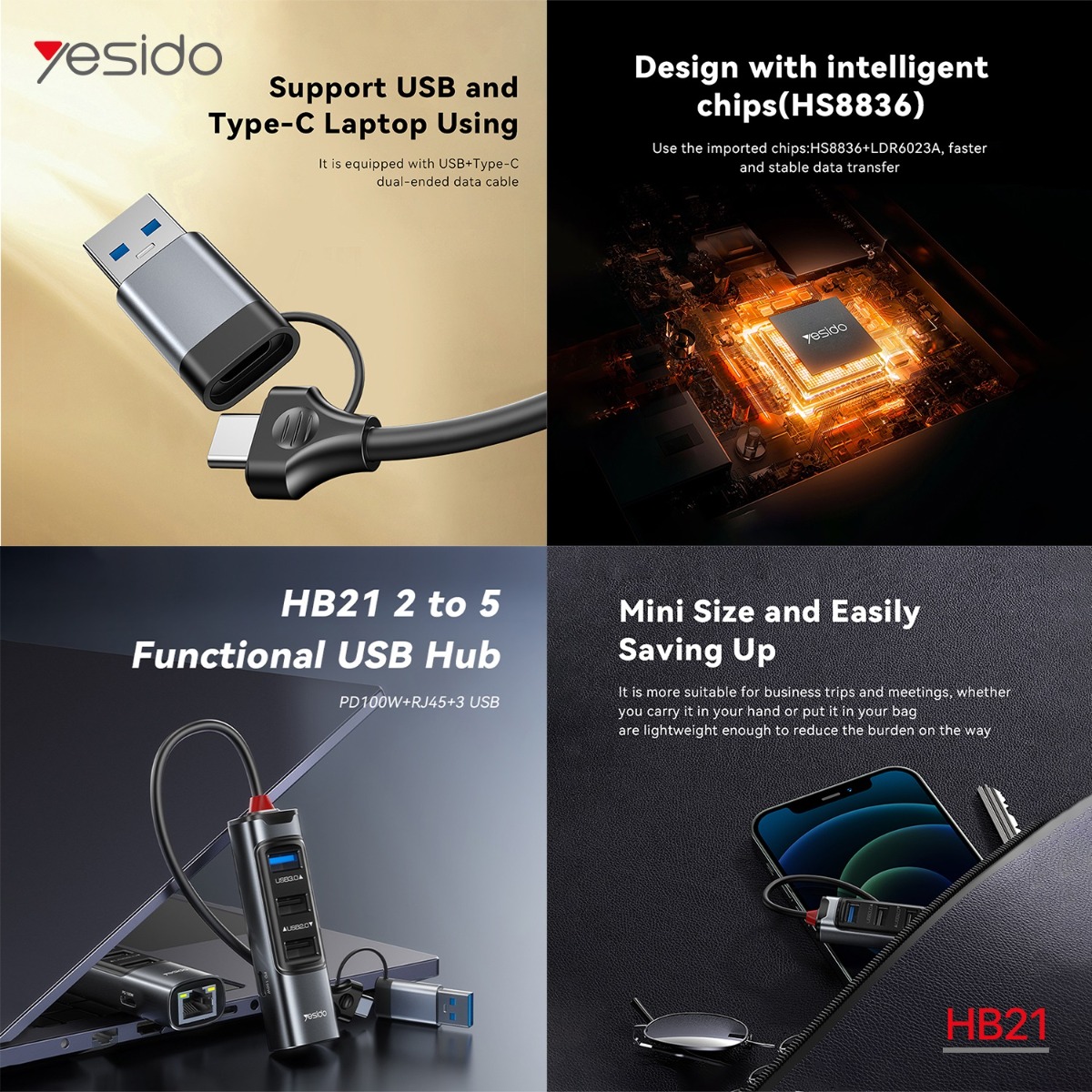 تحويلة YESIDO HB21 5in1 HUB متعددة الوظائف