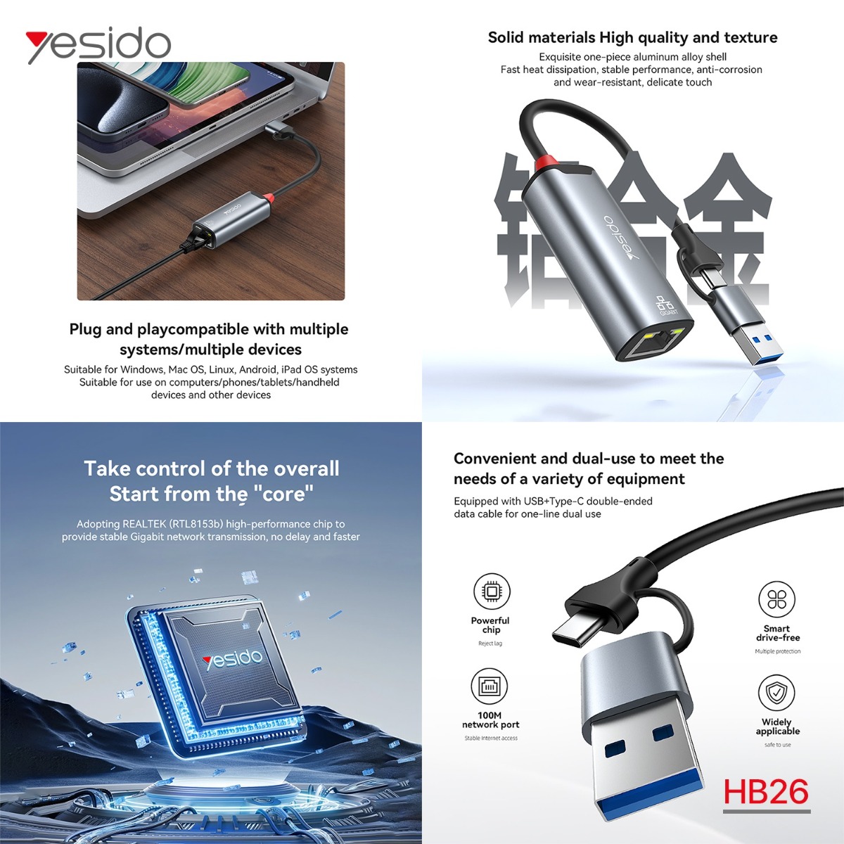 YESIDO HB26 2in1 Ethernet Cable Adapter