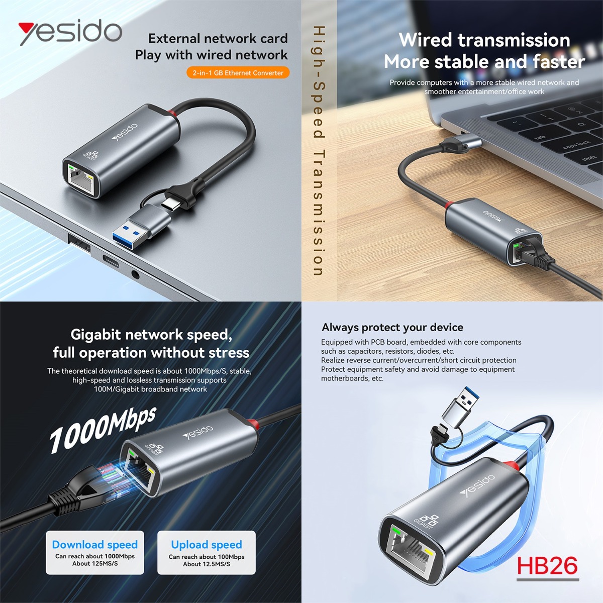 كيبل تحويلة ايثرنت YESIDO HB26 2in1