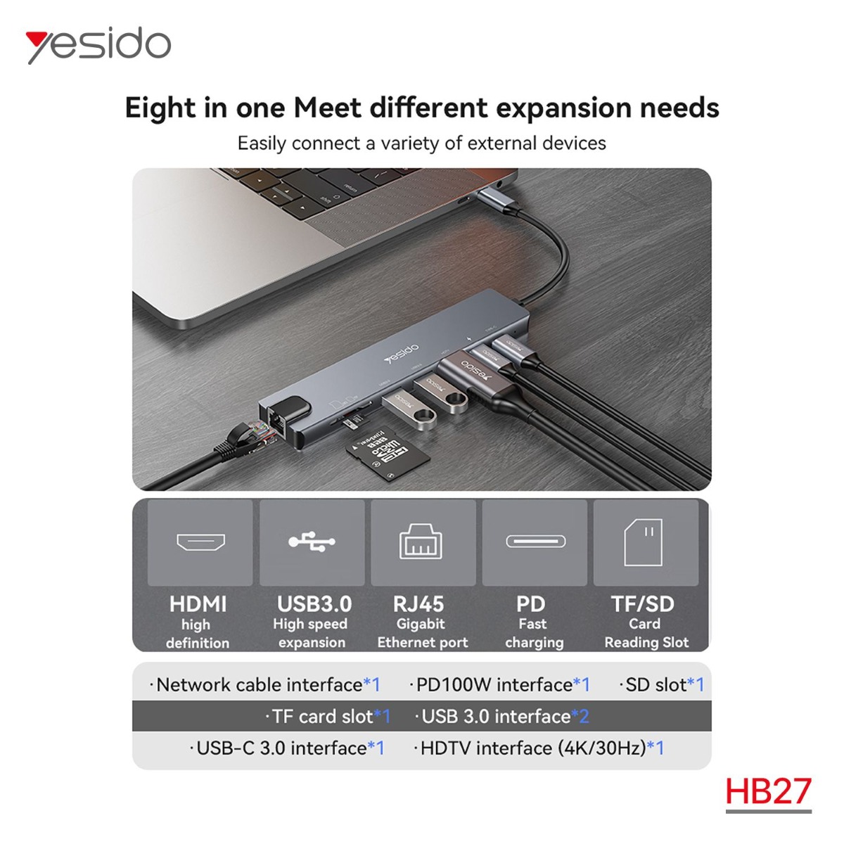 YESIDO HB27 8in1 Multifunctional HUB Adapter