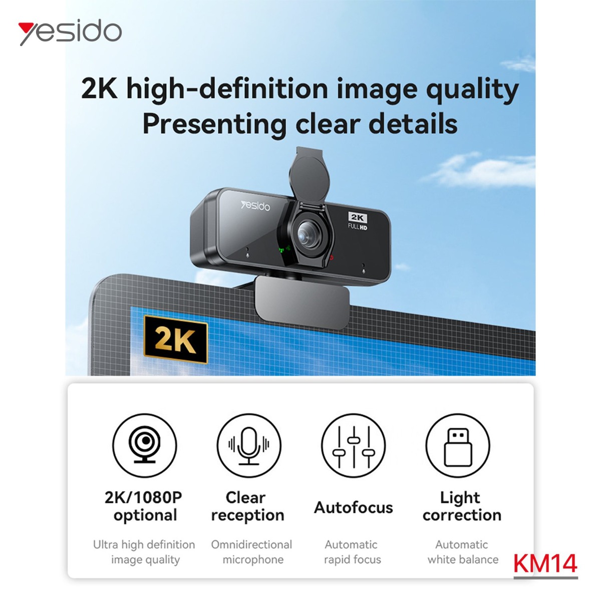 كاميرا كمبيوتر YESIDO KM14 2K WebCam